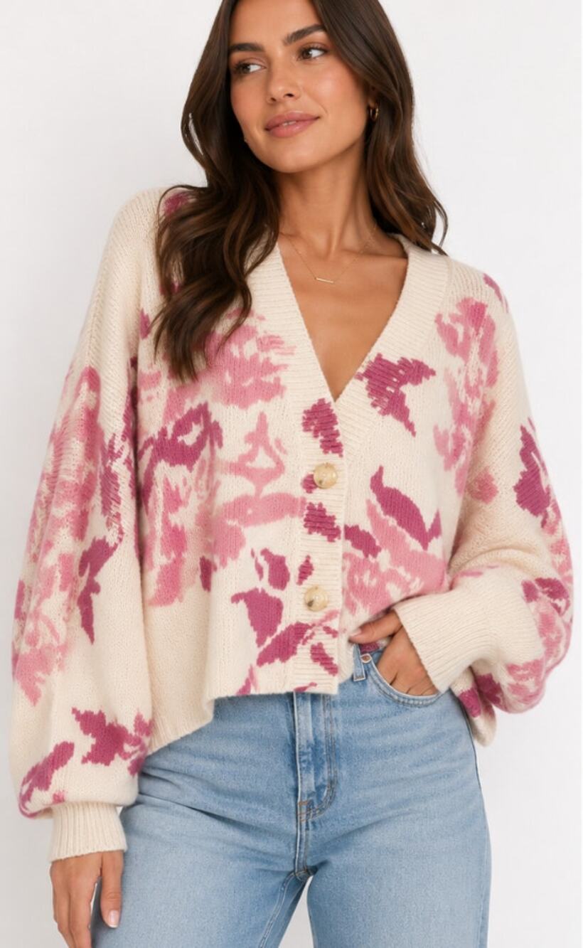 New VICI Pink Floral Oversized Button Cardigan Sweater Cream Size Small